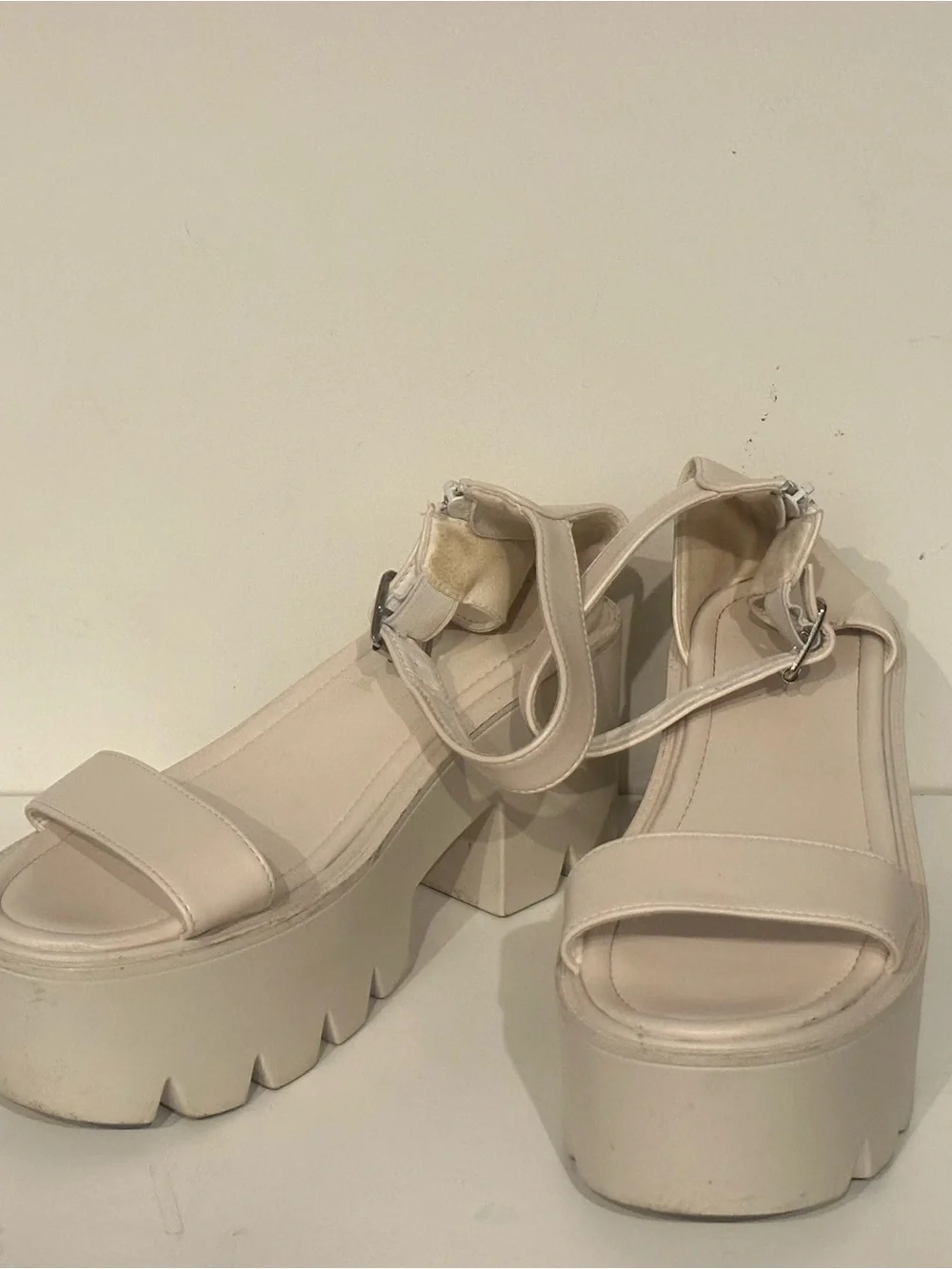 Women White Chunky Platform Lug Sole Sandals Ankle Strap Zipper Block Heel Sz:10